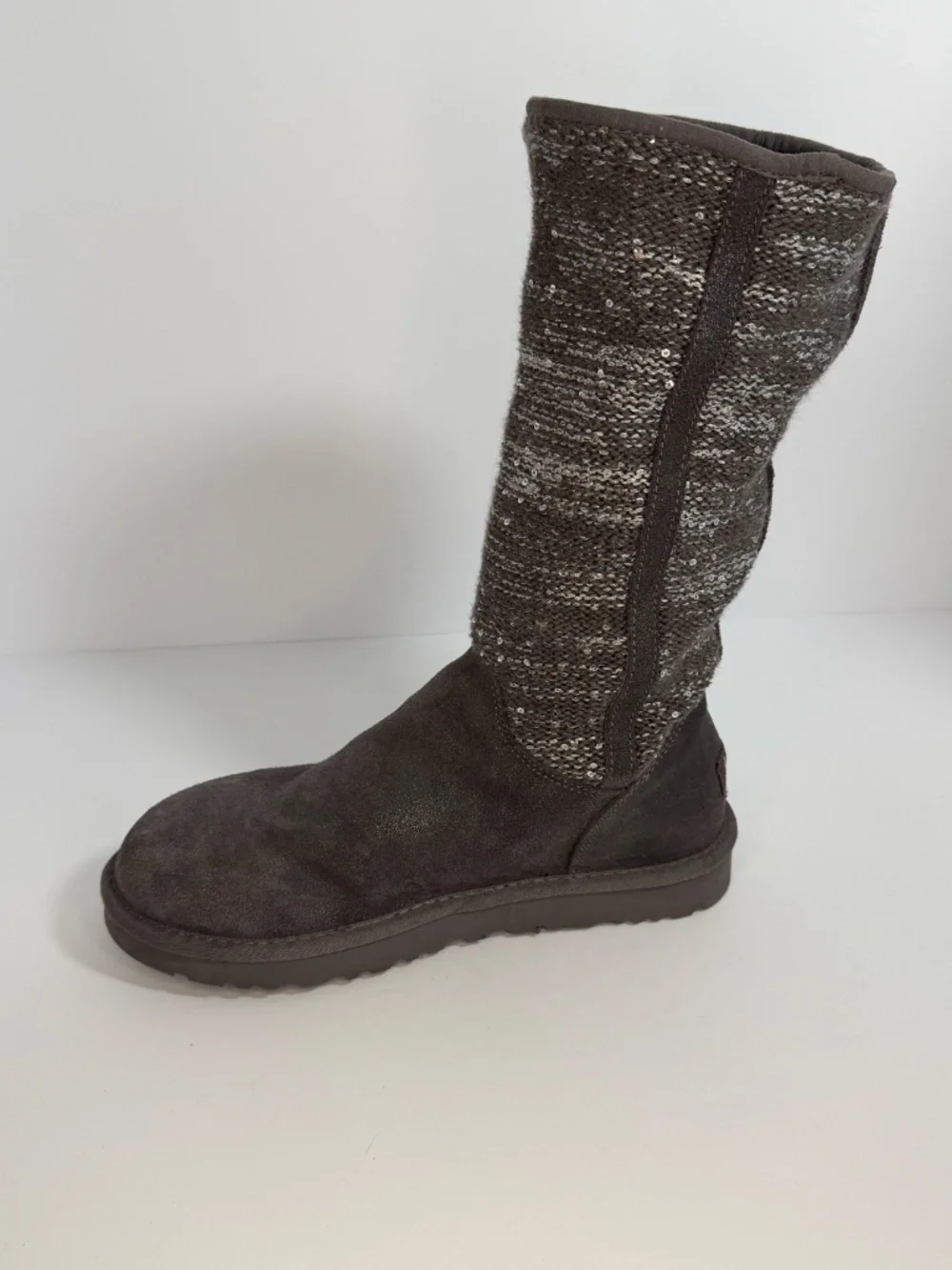 UGG Australia Camaya Charcoal Gray Suede Knit Sequin Tall Boots Women's Size 8